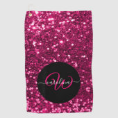 Stijlvol monogram roze glitter naam zwart golfhanddoek (Voorkant)