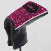 Stijlvol monogram roze glitter naam zwart golfheadcover (3/4 voorkant)