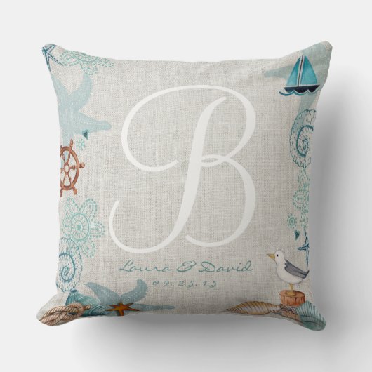 Stijlvol Nautisch zand en blauw zomerstrand bruilo Kussen (Voorkant)