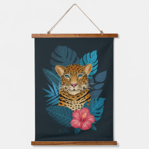 Stijlvol Oerwoud Leopard Floral Art   Blauwe marin Hangend Wandkleed
