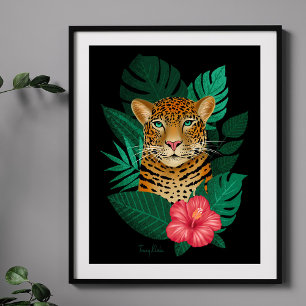Stijlvol Oerwoud Leopard Floral Art   Groen Zwart Poster
