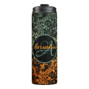 Stijlvol Oranje en groen zwart Floral monogram Thermosbeker
