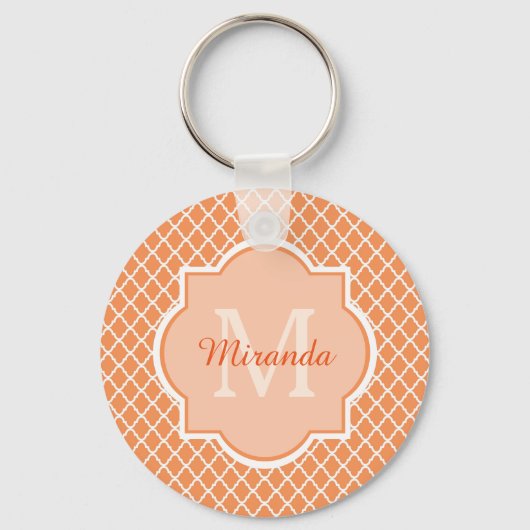 Stijlvol Oranje Quatrefoil monogram met naam Sleutelhanger (Voorkant)