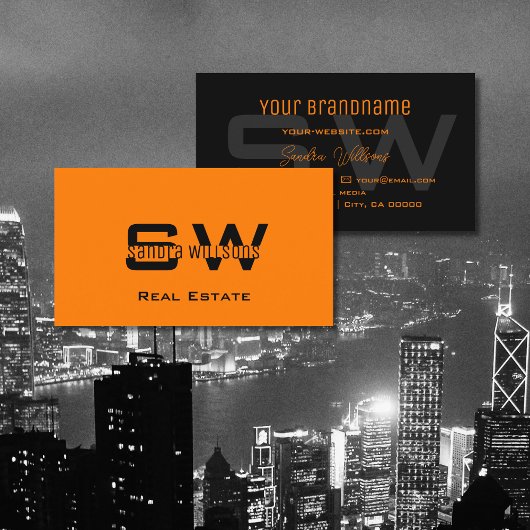 Stijlvol Oranje zwart, eenvoudig met monogram Visitekaartje