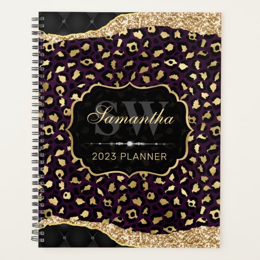 Stijlvol Paars- en goudoliepleopardmonogram Planner (Voorkant)