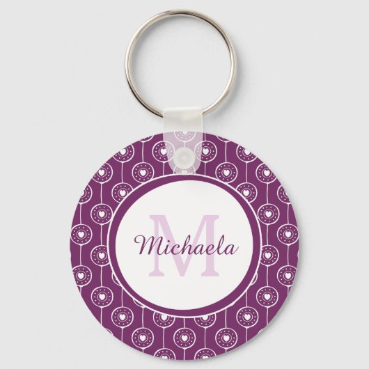 Stijlvol Paars en wit monogram en naam Sleutelhanger (Voorkant)