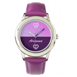 Stijlvol Paars Faux Glitter Girly Pink Name Glam Horloge