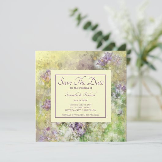 Stijlvol Paars Floral Save The Date (Staand voorkant)
