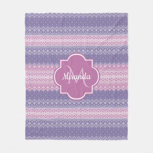 Stijlvol Paars nit patroon met monogram en naam Fleece Deken (Voorkant)