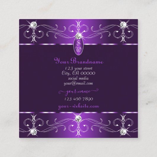 Stijlvol Paarse en Lila  Ornamenten Monogram Vierkante Visitekaartje (Achterkant)