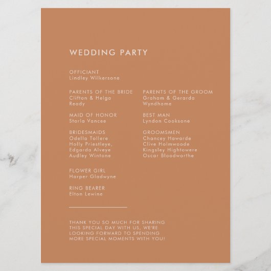 Stijlvol retro bruine suikerbruiloft programma (Achterkant)