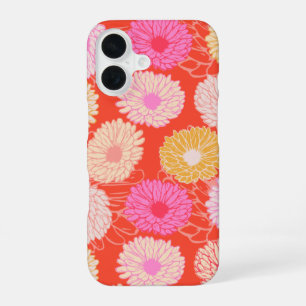 Stijlvol Retro Dahlia Bloempatroon Rood Roze iPhone 16 Hoesje