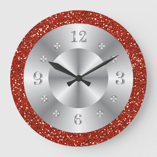 Stijlvol rood glitter Silver Nummers Grote klok (Voorkant)