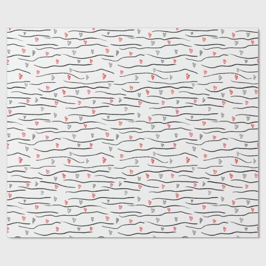 Stijlvol rood grijs hart en strepen patroon cadeaupapier (Vlak)