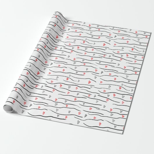 Stijlvol rood grijs hart en strepen patroon cadeaupapier (Uitgerold)