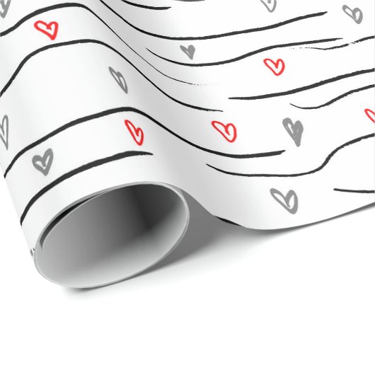 Stijlvol rood grijs hart en strepen patroon cadeaupapier (Rol Hoek)