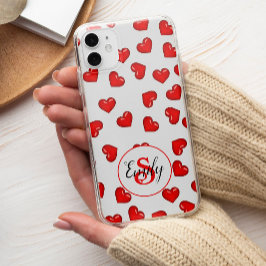 Stijlvol rood hartenpatroon op wit monogram iPhone 13 pro max hoesje