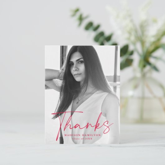 Stijlvol rood script foto Afstuderen dank u Briefkaart (Staand voorkant)