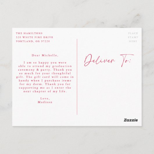 Stijlvol rood script foto Afstuderen dank u Briefkaart (Achterkant)