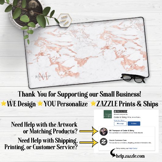 Stijlvol Roos Gold Foil marble Monogram Bureaumat