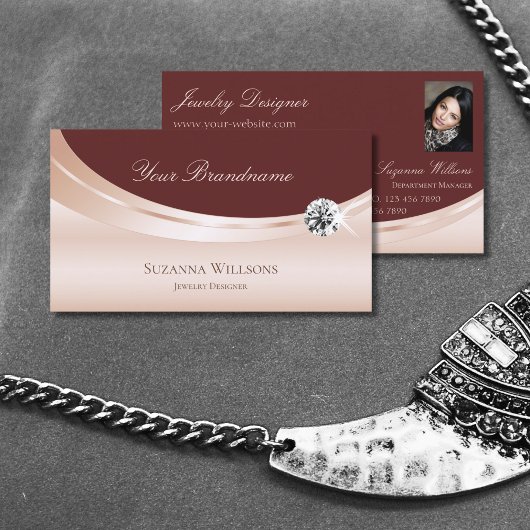 Stijlvol Rosegold Wine Red met foto's en diamanten Visitekaartje