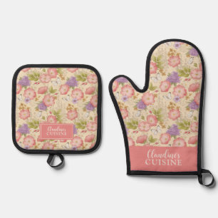 Stijlvol roze botanische bloemmotief ovenwant & pannenlap set