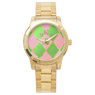 Stijlvol roze en groen goud Argyle Monogram Horloge