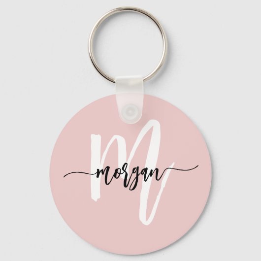 Stijlvol Roze Modern Script Girly Monogram Naam Sleutelhanger (Achterkant)