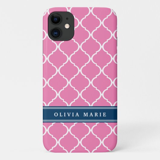 Stijlvol roze Trellis Pattern Blue Name plate Case-Mate iPhone Case (Achterkant)