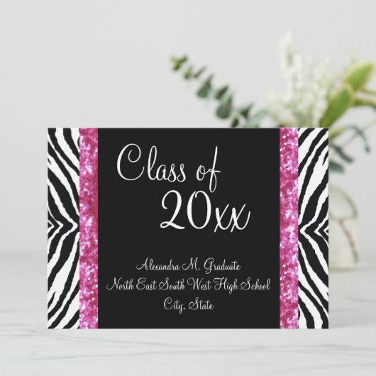 Stijlvol Roze Zebra Feminine Afstuderen nodigt uit Kaart (Staand voorkant)