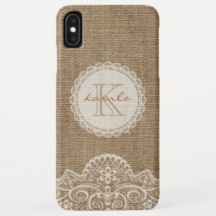 Stijlvol Rustic Burlap Ivory Lace Pattern Monogram iPhone XS Max Hoesje
