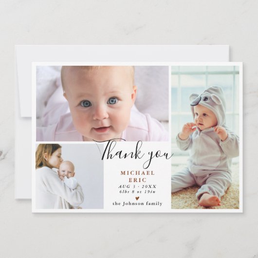 Stijlvol Script 3 Photo Collage Baby shower Bedankkaart (Voorkant)