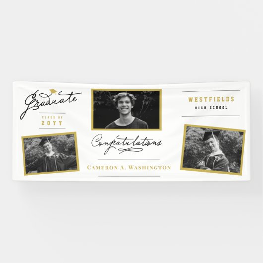 Stijlvol script Afstuderen 3 foto afstudeerfeest Spandoek (Horizontaal)