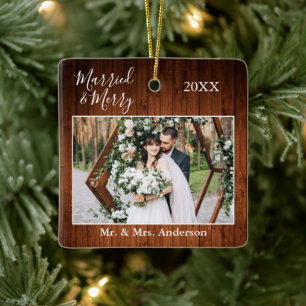 Stijlvol script, gehuwd met Merry Wood Wedding Keramisch Ornament