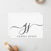 Stijlvol Script Initiaal zwart monogram op wit Notitiekaartje (Voorkant / Achterkant in situ)