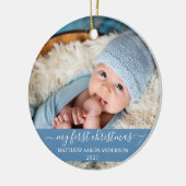 Stijlvol script Mijn eerste kerstbaby Blauw Keramisch Ornament (Links)