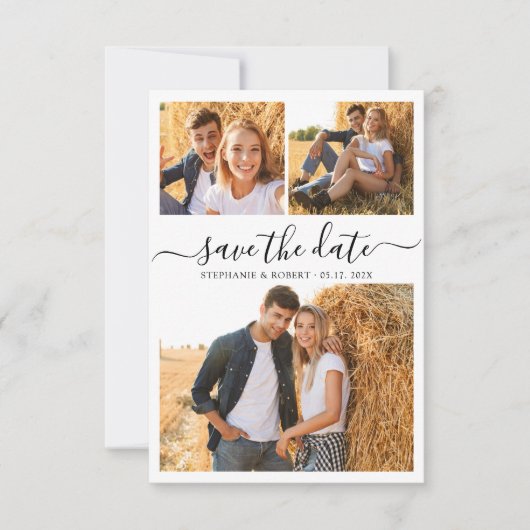 Stijlvol Script Modern 3 Fotocollage Bruiloft Opsl Save The Date (Voorkant)