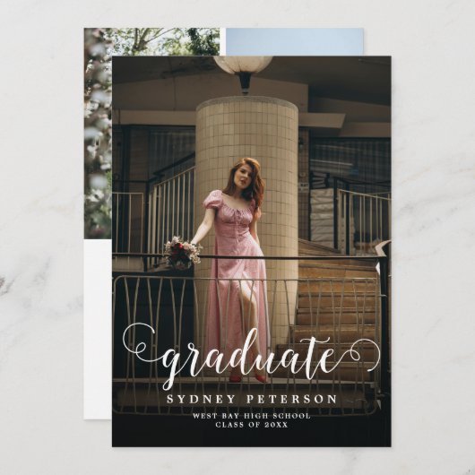 Stijlvol Script Modern 3 Photo Graduation Party Kaart (Voorkant / Achterkant)