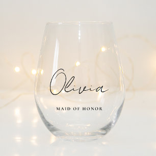 Stijlvol script Monogram Maid of Honor Bruiloft Wijnglas Zonder Voet