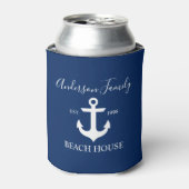 Stijlvol Script Nautical Anchor Beach House Blue Blikjeskoeler (Blikje Voorkant)