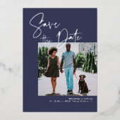 Stijlvol script | Navy & Silver Wedding Photo Folie Uitnodiging (Voorkant)