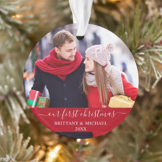 Stijlvol script ons eerste kerstpaar rood ornament (Boom)