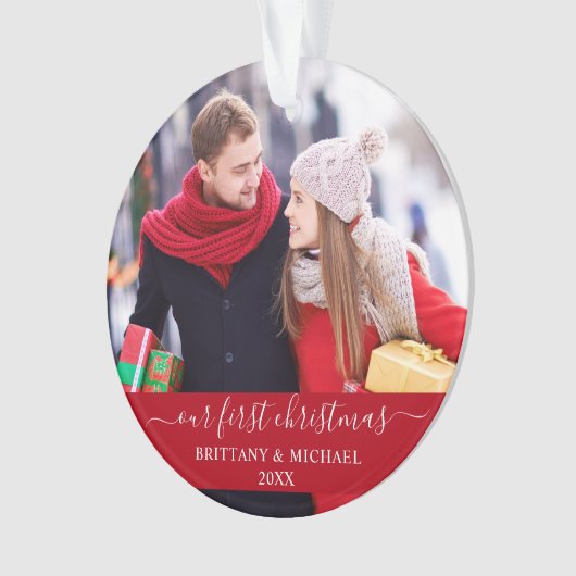 Stijlvol script ons eerste kerstpaar rood ornament (voorkant)