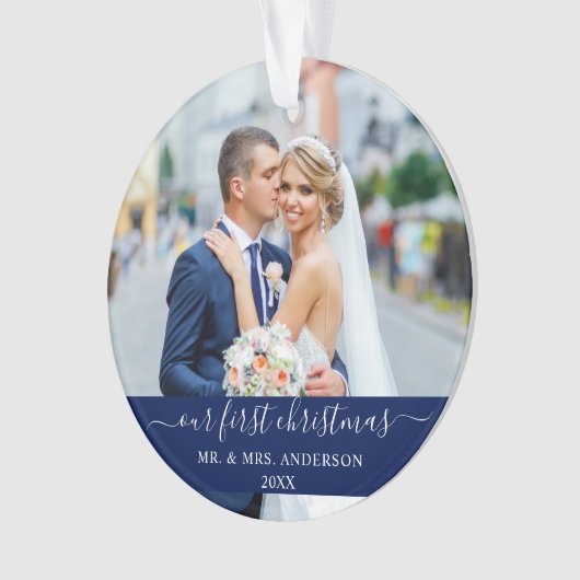 Stijlvol script onze eerste kerstblauw ornament (voorkant)