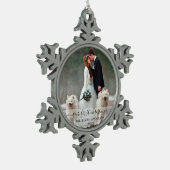 Stijlvol script onze eerste kerstbruiloft foto tin sneeuwvlok ornament (Links)