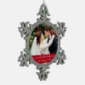 Stijlvol script onze eerste kerstrood tin sneeuwvlok ornament (Links)
