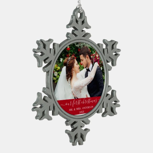 Stijlvol script onze eerste kerstrood tin sneeuwvlok ornament (Links)