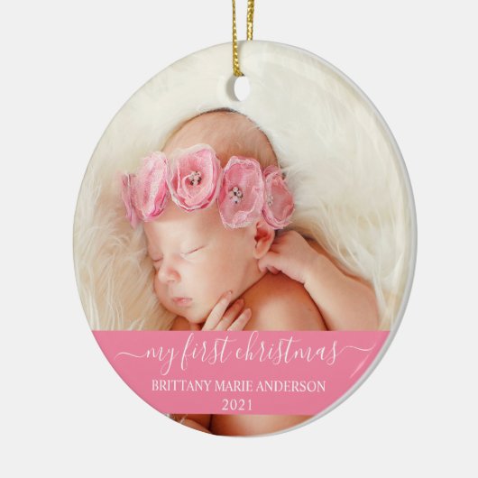 Stijlvol script Roze Mijn eerste kerstBaby Keramisch Ornament (Links)