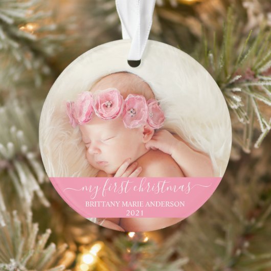 Stijlvol script Roze Mijn eerste kerstBaby Ornament (Boom)
