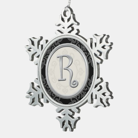 Stijlvol Silver Monogram R Kerstmis Tin Sneeuwvlok Ornament (Rechts)